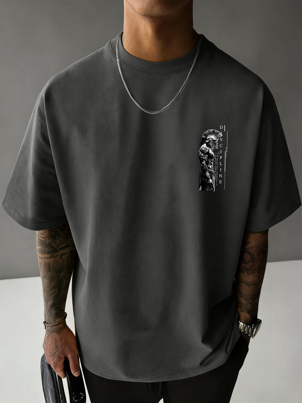 Men'S 100% T-Shirt, Spartan Warrior Discipline Print, All-Season Wear, Casual Sporty Comfortable Breathable - Dark Gray