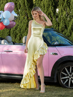 Chiffon Spliced Rose Print Single-Shoulder Ruched Ruffle Hem Slit Women's Romantic Party Dinner Gown - 【Light Yellow】