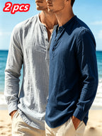 Men'S Spring/Autumn Linen Henley Long Sleeve Shirt, Breathable And Comfortable, Perfect for Beach Vacation [2pcs Set] - Gray + Navy Blue