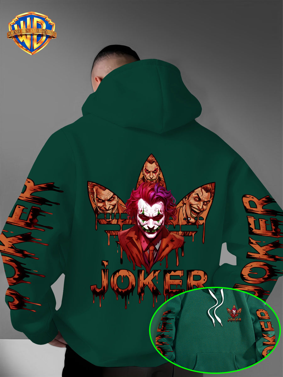 Warner Bros. Official DC Joker Multi-Character Avatar Brown-Toned Fluid Drip Graffiti Men's Fashion Hooded Sweatshirt, Sleeve Print Design, Kangaroo Pocket, Drawstring Hood, Suitable for Daily Wear and Outdoor Sports, an Excellent Choice for Warmth - Green