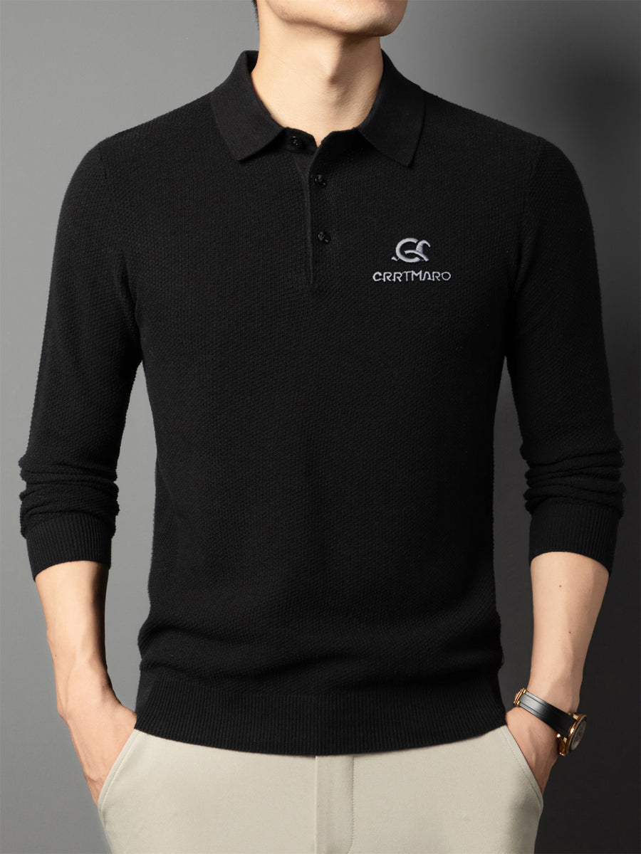 ZBZP Autumn/Winter Knitted 3D Solid Color Lapel Polo Sweater, Basic Knit Pullover, Men's Fashion Long-Sleeve Knitwear XD - Black