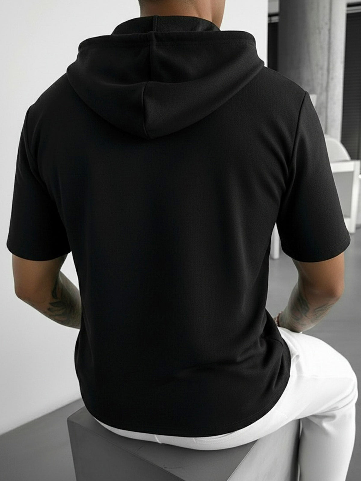 New Summer Solid Color Men's Hooded Full-Zip Short Sleeve Drawstring Outdoor Sports Commuting Simple Fashion Outfit, Comfortable, Cool, Casual, and Versatile 2HLT79 - Black