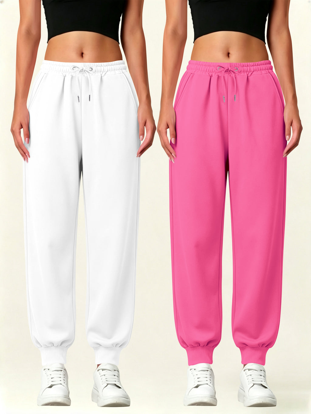2pcs Set Autumn-Winter Women's Casual Pants with Pockets - White+pink