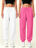 2pcs Set Autumn-Winter Women's Casual Pants with Pockets - White+pink