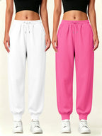 2pcs Set Autumn-Winter Women's Casual Pants with Pockets - White+pink