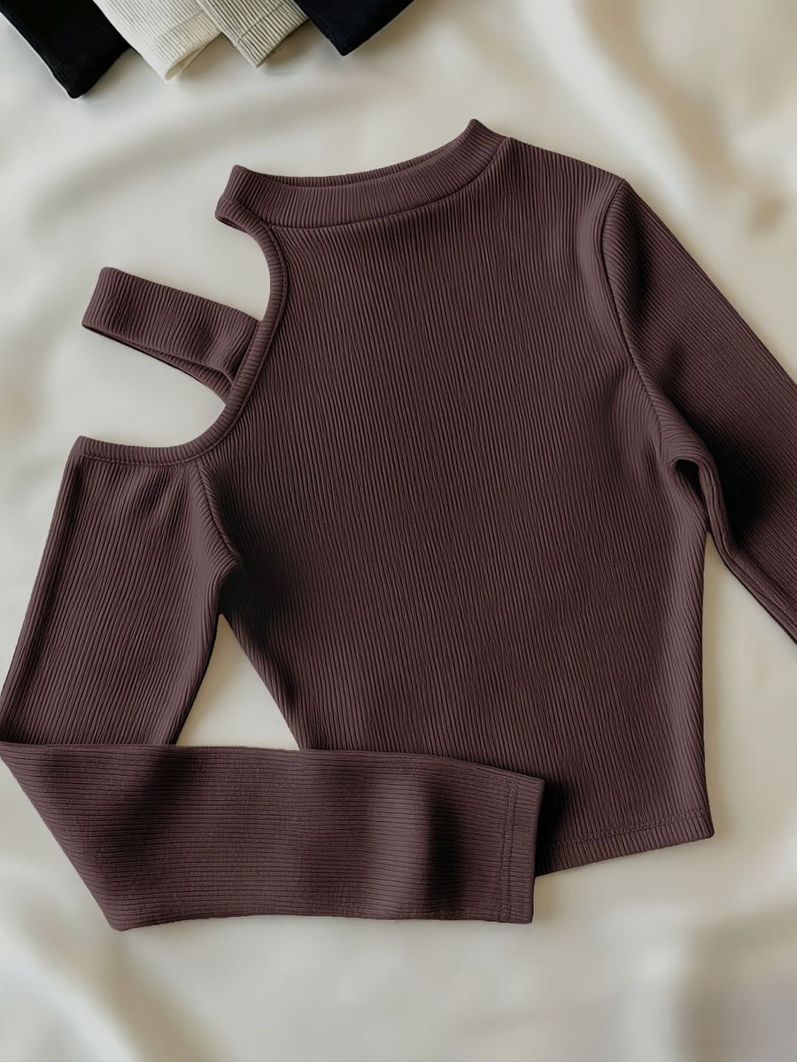 Women'S Spring Autumn High Neck Off-Shoulder Top with Embroidered Letters on Shoulder Straps, Fitted Short Blouse T-Shirt - Dark Brown