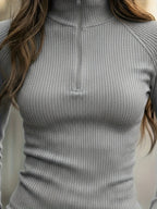 American Casual High Neck Base Layer Women's Autumn High-End Zipper Half Open Lapel Pullover Top - Space Gray