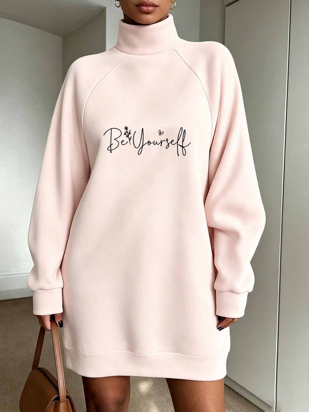 Be Yourself Flower Lettering Womens Sweatshirt Autumn Winter Long Length Outdoor Office Travel Party Date Casual Wear - Pink Color