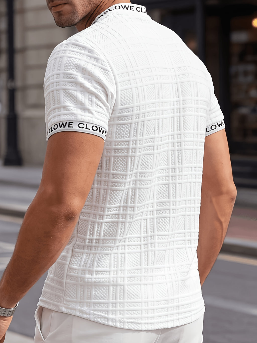 Men'S Half-Zip Plaid Embossed Short Sleeve T-Shirt And Trendy Casual Style, All-Over Diamond Check Embossed Textured Fabric, Letter Webbing Contrast at Collar And Cuffs, Front Half-Open Zipper Placket, Fitted with Slight Stretch Cut - White