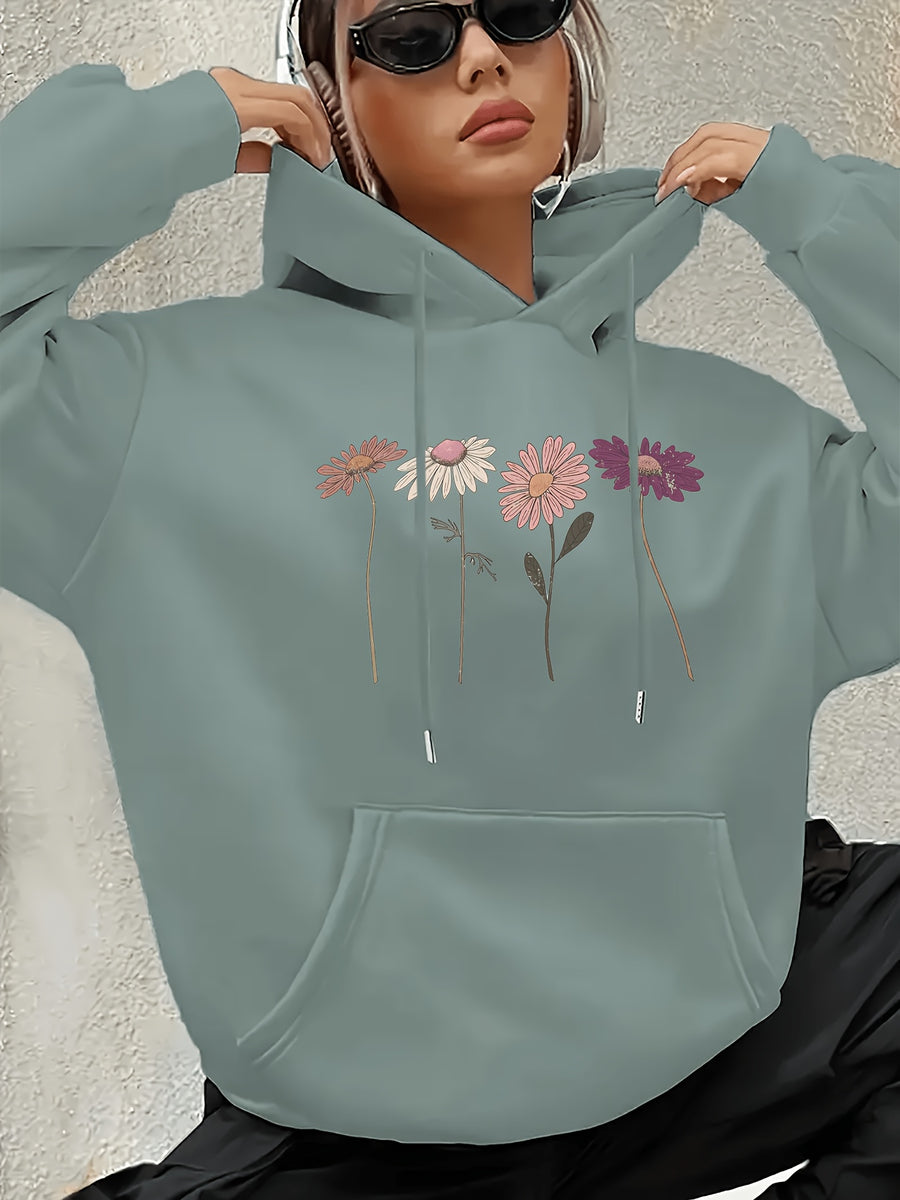 Women's Fashion Four Flower Print Casual Hooded Sweatshirt - Light Green