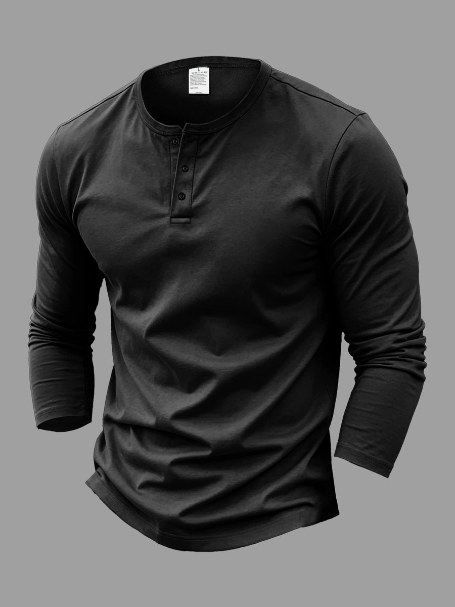 Men's Long-Sleeve Base Layer T-Shirt, Solid Color Henley Pullover - Black