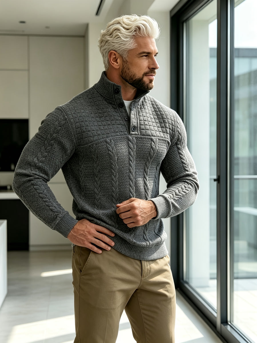 Joshmei OBM Halloween Men's Old Money Style Stand Collar Henley Shirt, Twisted Cable Knit Patchwork Checkered Long Sleeve Top, Comfortable and Warm Pullover, Suitable for Beach Vacations and Daily Wear, Men's Birthday Gift - Dark Gray