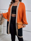 Plus Size, Plus Size Color Block Batwing Sleeve Open Front Cardigan Without Halter Neck Top - Orange-Red