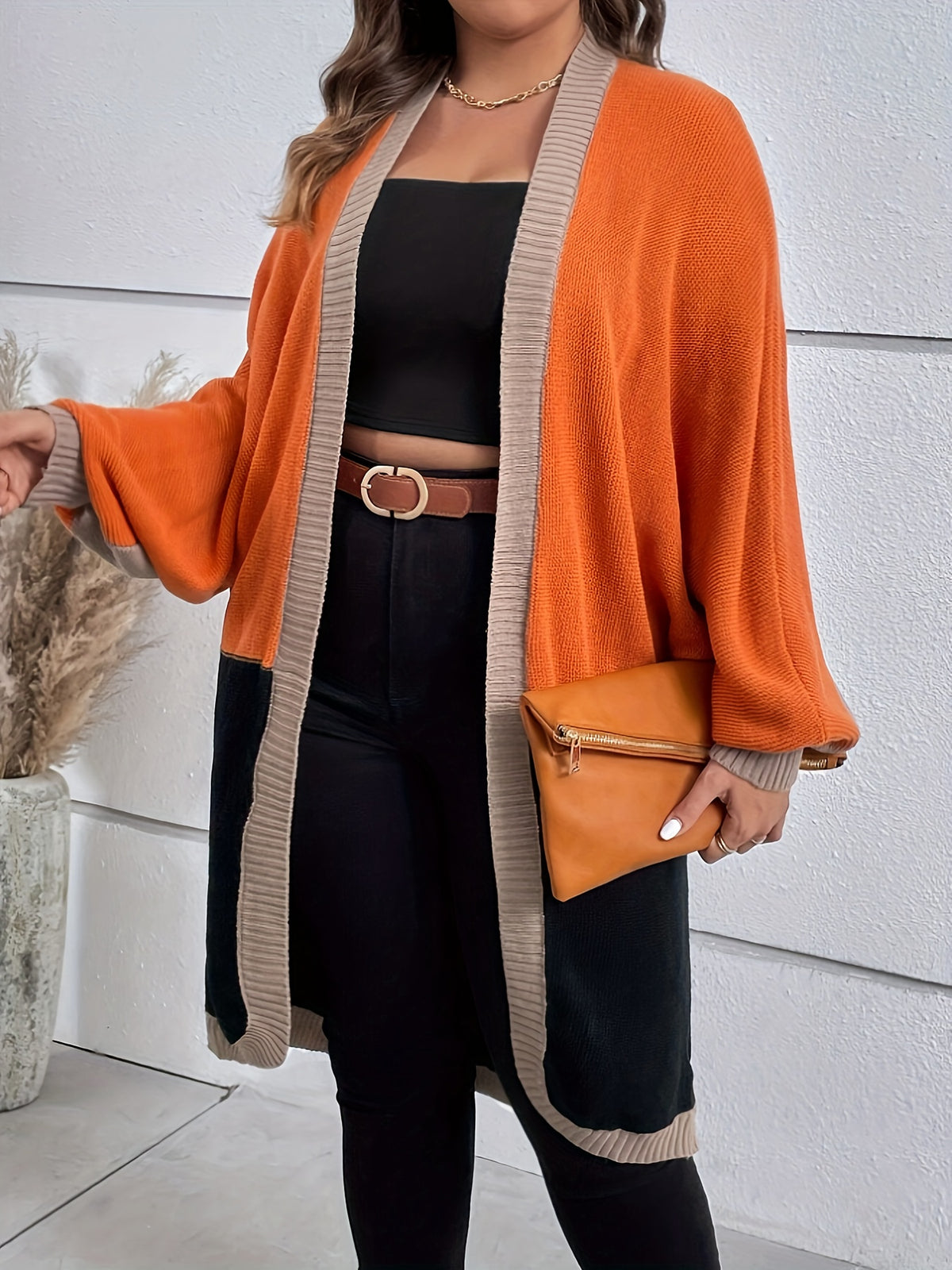 Plus Size, Plus Size Color Block Batwing Sleeve Open Front Cardigan Without Halter Neck Top - Orange-Red