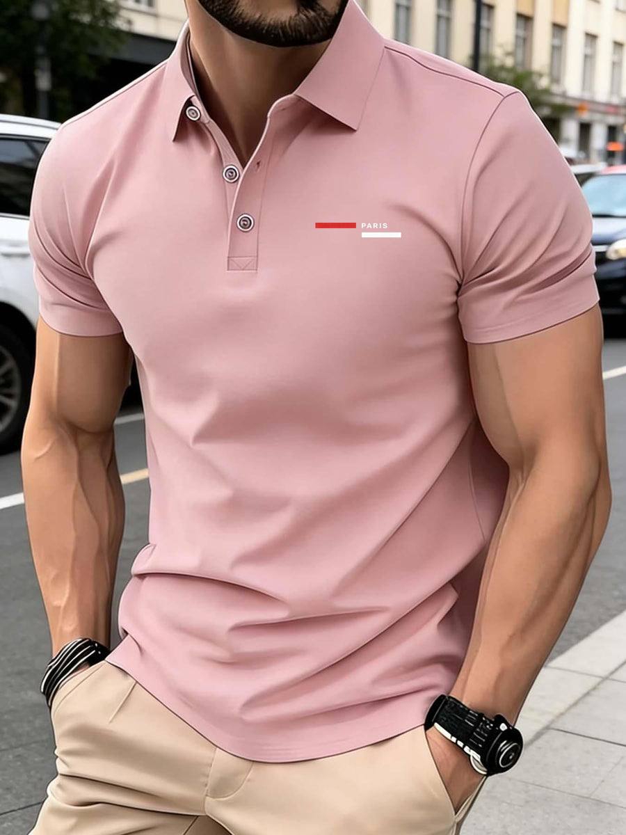 PARIS Pattern Print - Premium Men'S Classic Fashion Sport Casual Solid Color Short Sleeve Polo Shirt, Stylish And Breathable, Quick-Dry And Moisture-Wicking, Soft And Skin-Friendly, Multifunctional Polo Shirt Designed for Men - Pink Color