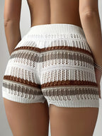 New Women'S Stylish And Elegant Color-Blocked Striped Hollow-Out Shorts - White