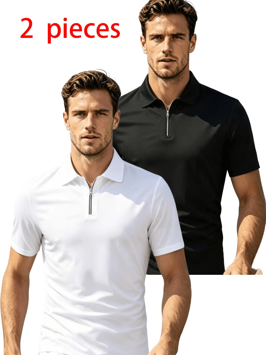 2pcs Men'S Short Sleeve Casual Athletic Polo Shirt Set, Zipper Collar, Comfortable And Breathable, Original Design - White And Black