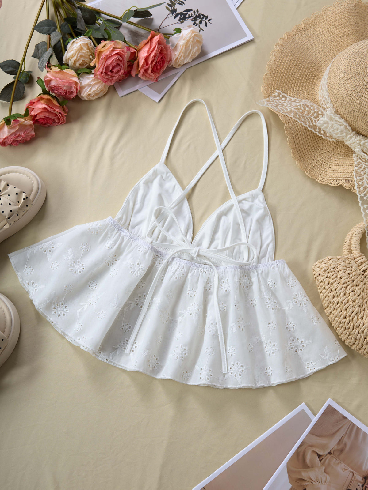 Cutout Embroidery Ruffled Scalloped Camisole V-Neck Cross-Strap Backless Sleeveless Vest - White