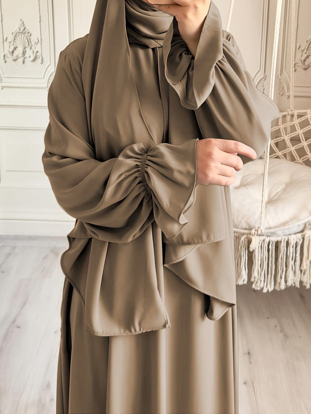 1pc Fashionable, Elegant and Casual One-piece Solid-colored Bellows Sleeve Suitable for Daily Wear. Loose and Comfortable Women's Abaya Robe.abayas for Women Muslim Kleider Damen Abaya for Women Stylish Khimar Ladies Abaya - Khaki