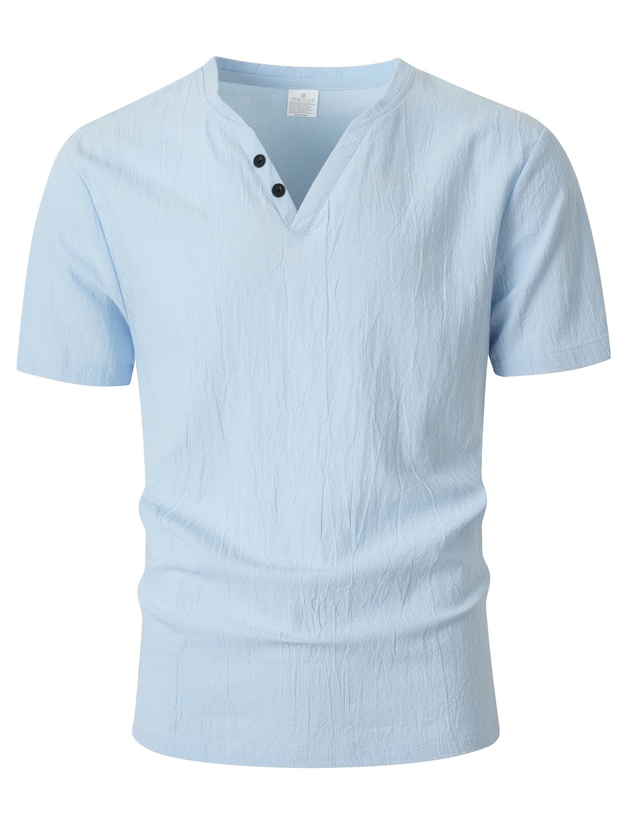 Men's Linen Henley Collar Short Sleeve T-Shirt, Summer Vacation Style Breathable Loose Fit Casual Top, Versatile Thin Shirt for Beach and Commuting - Sky Blue