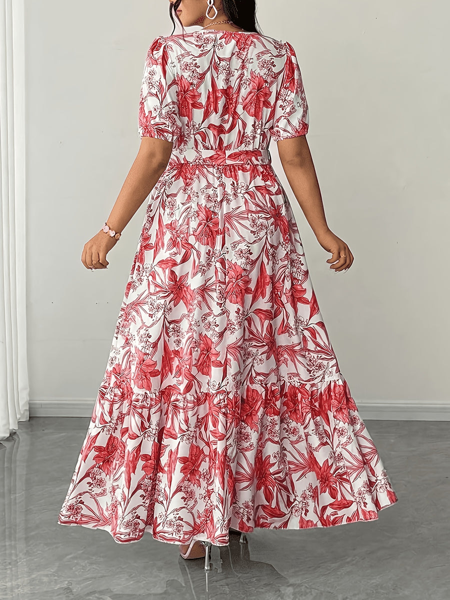 Plus Size - Elegant V-Neck Printed Tie Short-Sleeved Flared Long Dress, Fashionable Design, Plus-Size Long Dress for Spring, Summer And Autumn, Plus-Size Vacation Dress - Dusty Rose