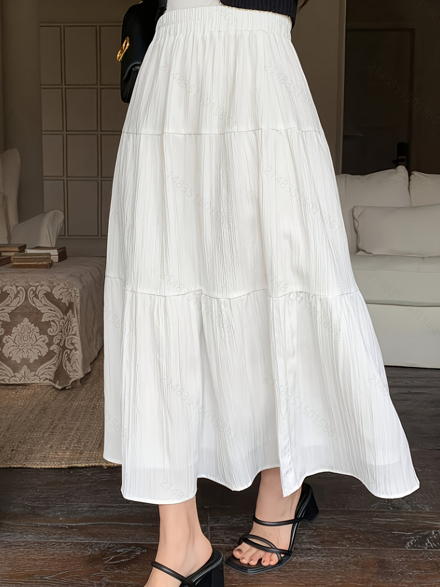 Elastic Waist Layered Skirt, Women'S Loose Pleated Skirt, Natural White, Suitable for Daily Casual Occasions, Perfect for Spring And Autumn. - White
