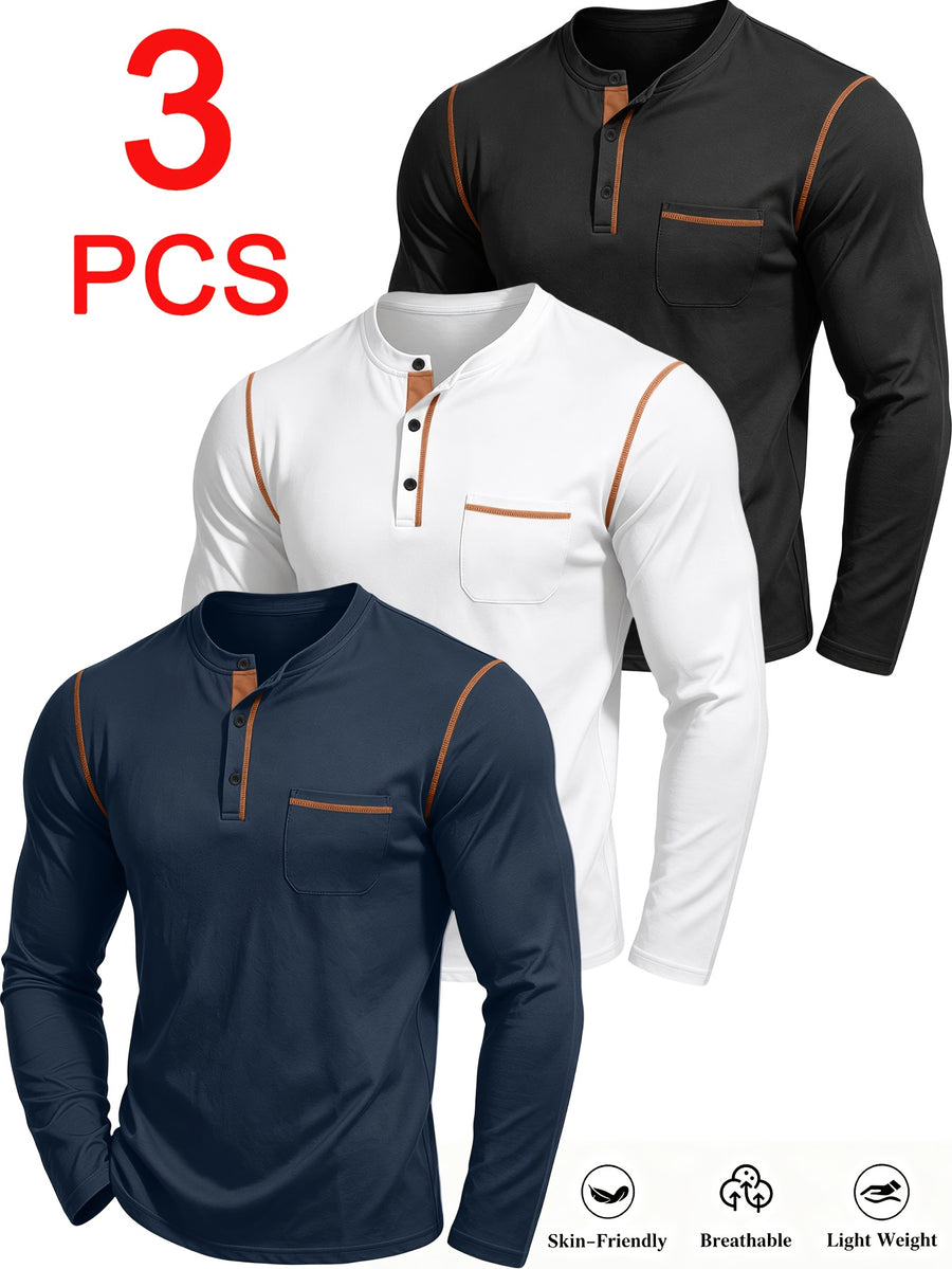 3pcs Men'S Henley Long Sleeve T-Shirt Set, Spring/Autumn New Color-Block Decorative Pocket Top, Half-Button Casual Shirt, Skin-Friendly Breathable Lightweight Fabric, Comfortable Stretch, Multi-Color Combination, Casual All-Match - Navy Blue + White + Black