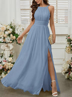 Solid Color Long Dress with Thin Spaghetti Straps, Pleated Detail, and Slit. Suitable for Weddings, Evening Banquets, Balls, Parties, Vacations, and Afternoon Tea Dates - Haze Blue