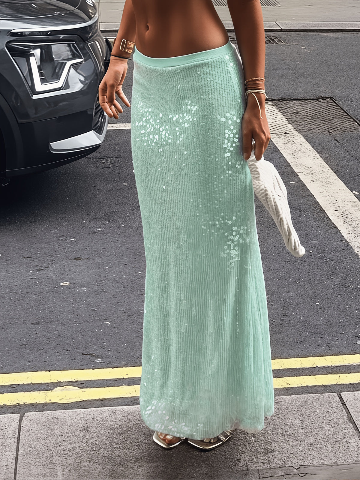 Legend of The Blue Sea, Translucent Blue Sequined Mermaid Half Skirt, Sequin A-Line Hip-Hugging Skirt - Light Green