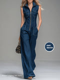 Spring/Summer/Autumn Vintage Denim Jumpsuit, Sleeveless Design, Wide-Leg Pants Style, and Figure-Flattering, Printed Legging (Not Jeans) - Blue