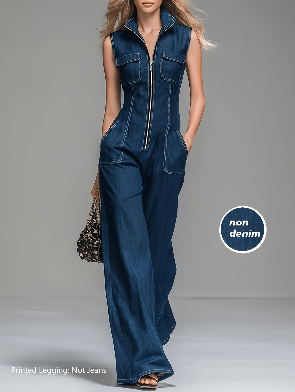 Spring/Summer/Autumn Vintage Denim Jumpsuit, Sleeveless Design, Wide-Leg Pants Style, and Figure-Flattering, Printed Legging (Not Jeans) - Blue