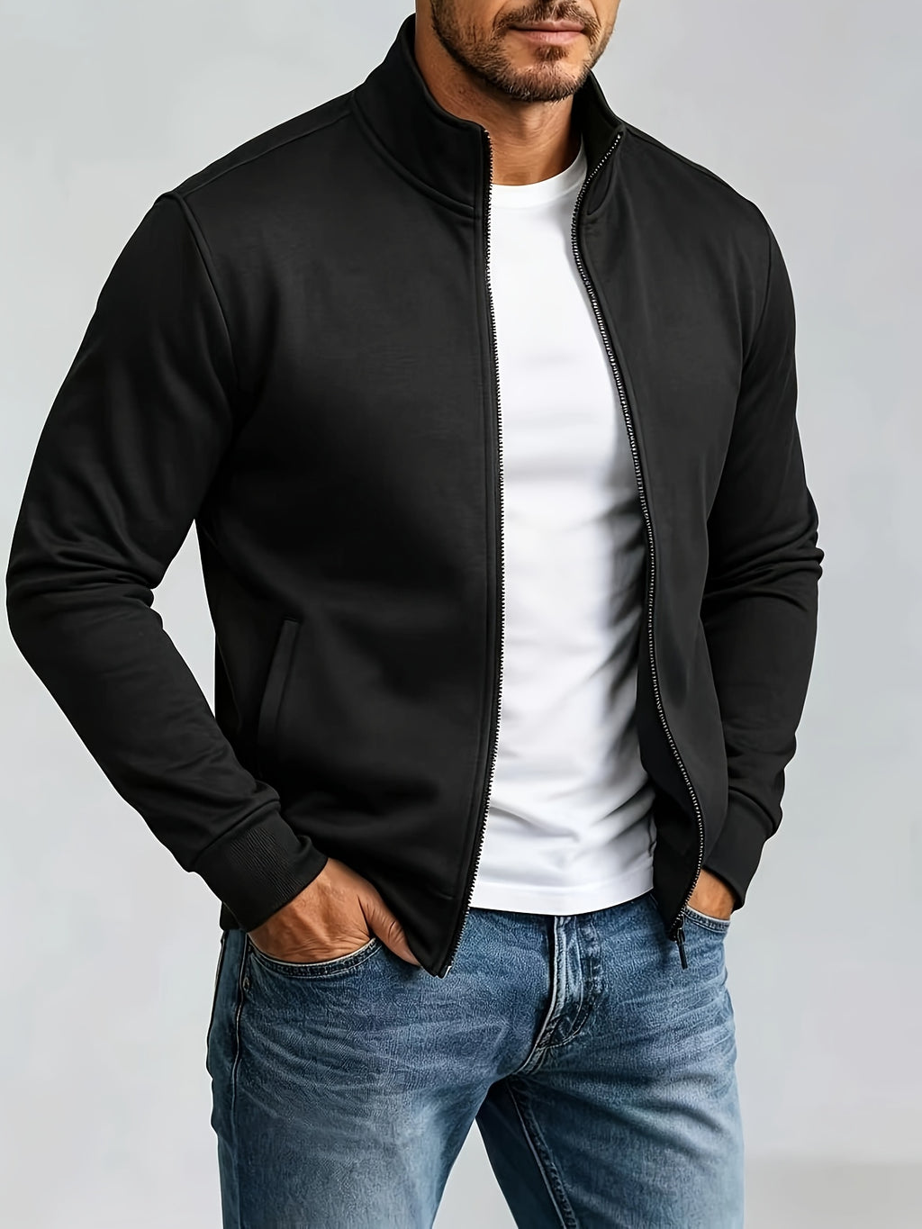 Men's Fashion Full-Zip Sweatshirt, Casual Zip-Up Stand Collar Sweatshirt, Autumn Essentials - Black