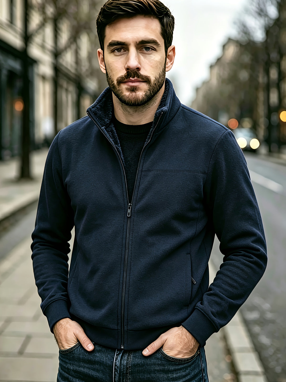 Men's Stand Collar Zip-Up Cardigan Jacket, Autumn/Winter Casual Thickened Warm Jacket - 20137-8608 Navy Blue