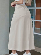 Beige Cargo Style High-Waist Slit Midi Skirt Women'S Double-Pocket Waist-Cinching A-Line Skirt, Summer Breathable -Feel High-Waist Slit Midi Skirt, Cargo Flap Pocket Design, Soft Beige Versatile Midi A-Line Skirt, Cargo Skirt - Apricot