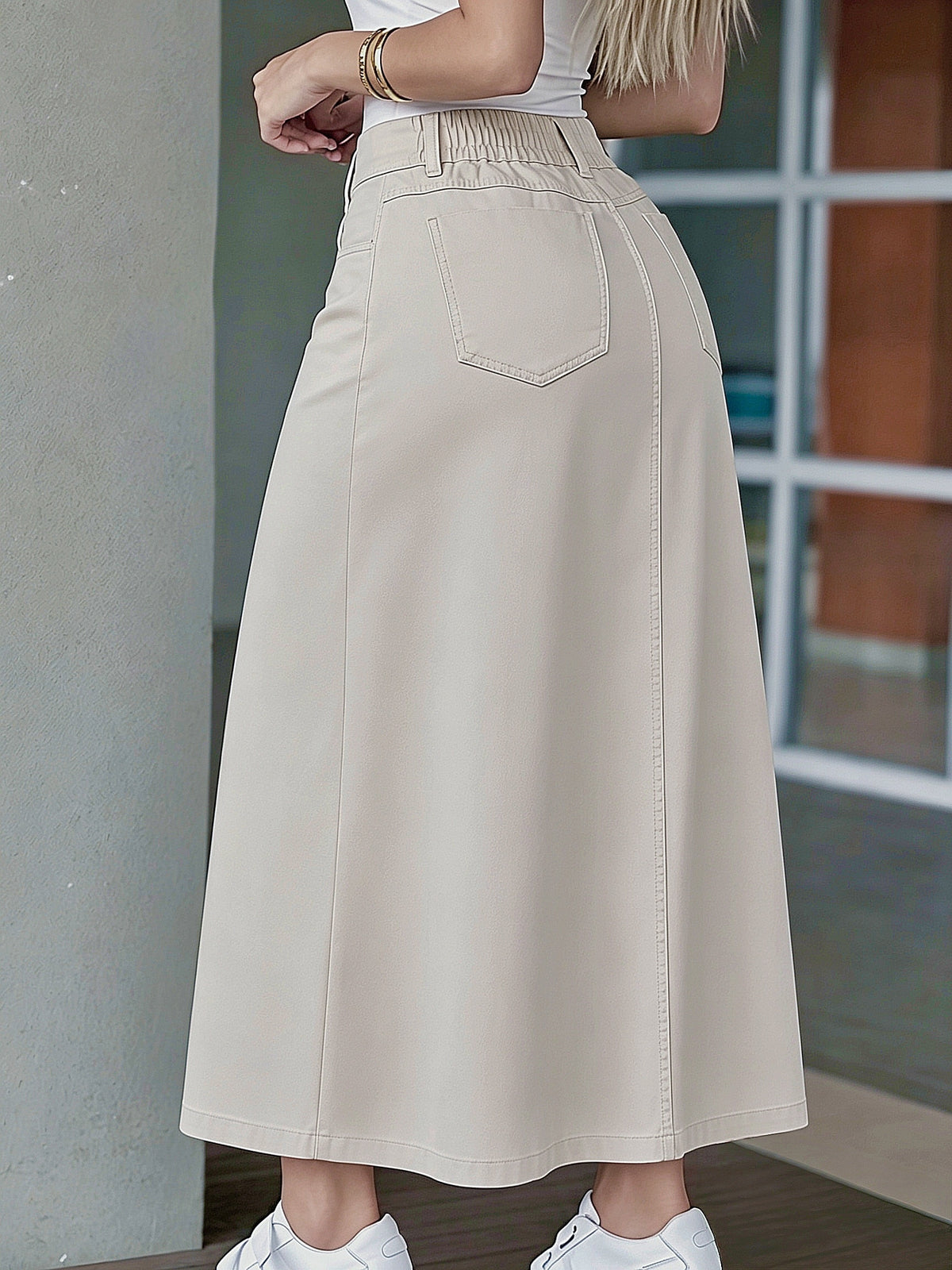 Beige Cargo Style High-Waist Slit Midi Skirt Women'S Double-Pocket Waist-Cinching A-Line Skirt, Summer Breathable -Feel High-Waist Slit Midi Skirt, Cargo Flap Pocket Design, Soft Beige Versatile Midi A-Line Skirt, Cargo Skirt - Apricot