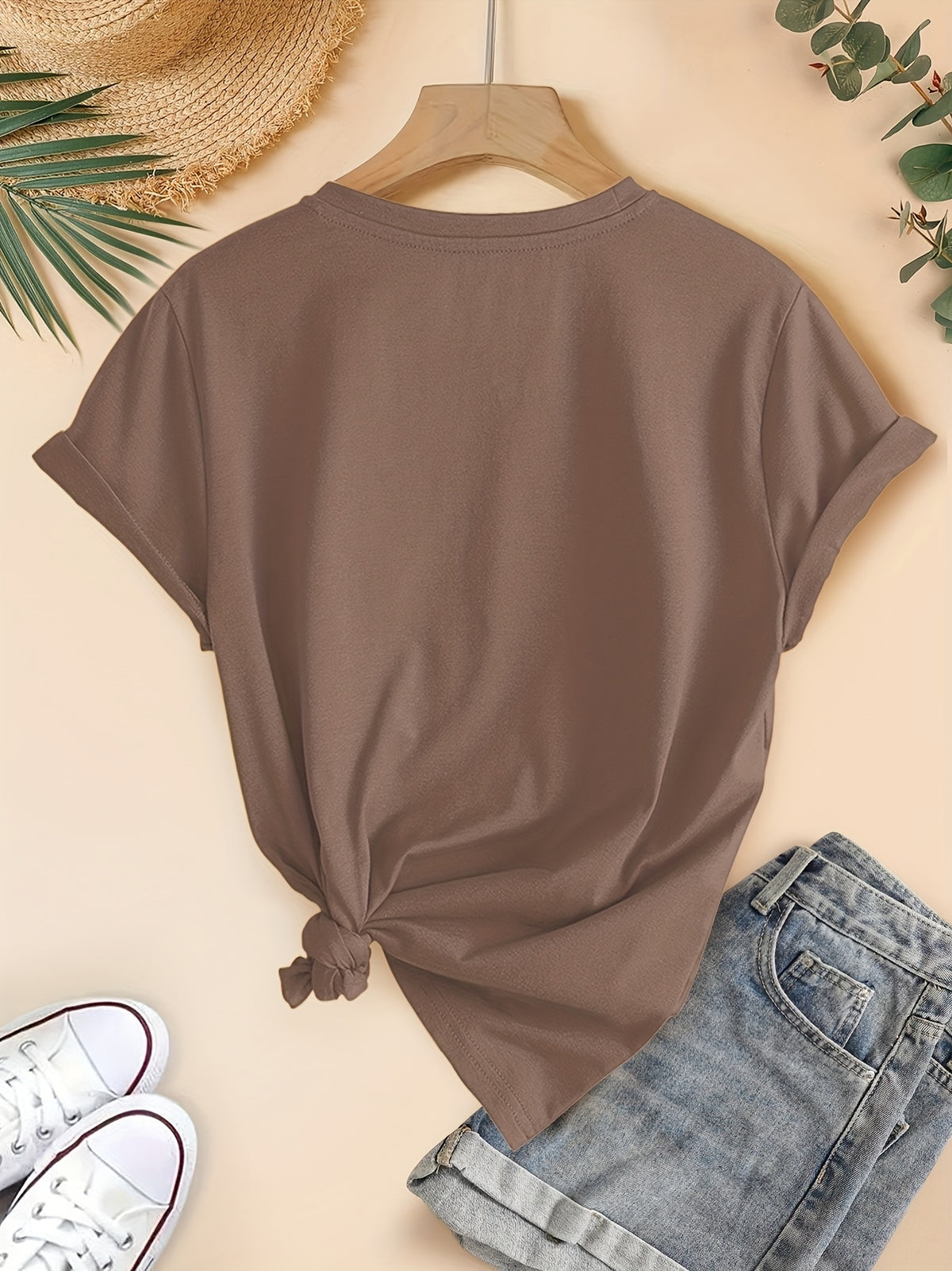 Women'S Elegant Short Sleeve, Cui Di Good Morning Morning Coffee Style Print, Soft Stretch Round Neck Casual Retro Style Top, Warner Bros. Licensed, Suitable for Spring Summer Autumn Daily And Vacation Wear, S-XXL Size - Coffee Brown