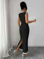 Women'S Spring And Summer Textured Pit Stripe, Elastic Waist-Cinching Dress, Metal Design, Color Block And Patch, Mid-Length Spring And Summer Dress, Apricot Dress, Stylish Casual Dress, Outdoor Wear, Holiday Style, Party Style - Black