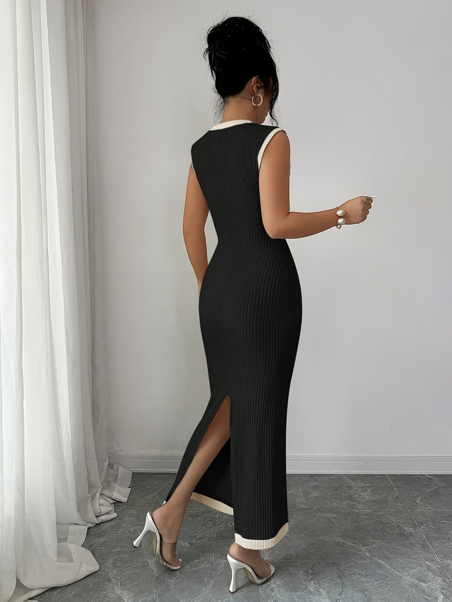 Women'S Spring And Summer Textured Pit Stripe, Elastic Waist-Cinching Dress, Metal Design, Color Block And Patch, Mid-Length Spring And Summer Dress, Apricot Dress, Stylish Casual Dress, Outdoor Wear, Holiday Style, Party Style - Black