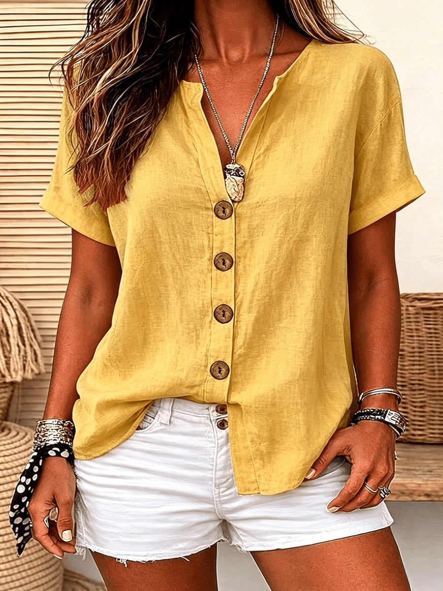 Women'S Shirt, Button-Design, Solid Color, Casual Daily Wear, Short Sleeve V-Neck, Regular Style Top, Suitable for Spring, Summer, And Autumn - Yellow