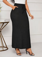 Women's Elegant Midi Skirt - Stretchy Fabric with Adjustable Bow Tie Waist, Slit Pockets & Flattering Fitted Cut for Spring/Autumn, Casual Outings, Parties & Vacations - Black