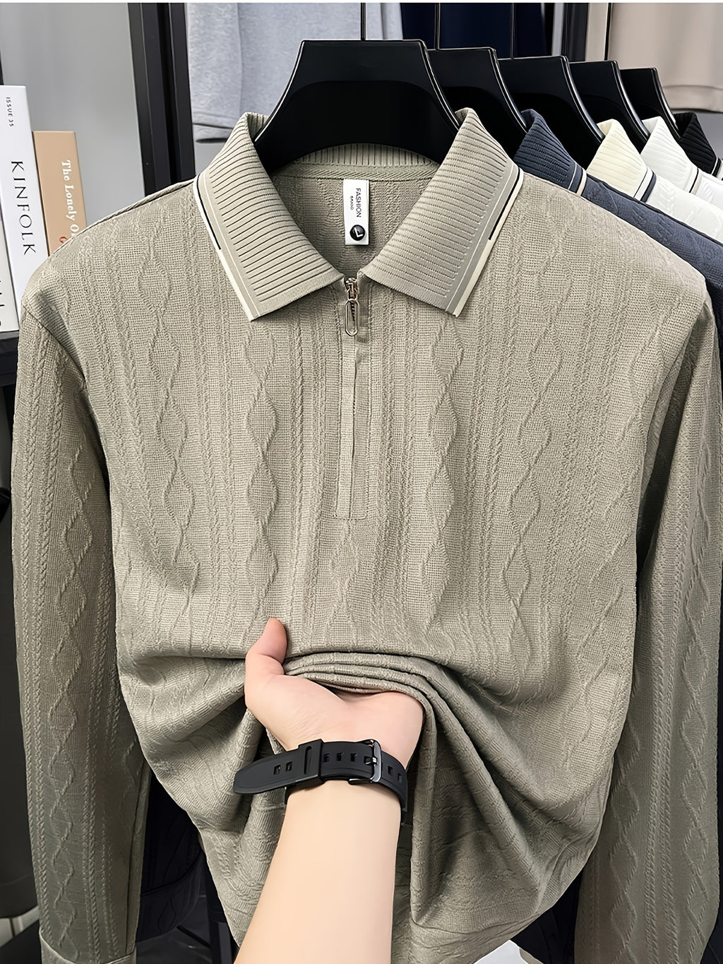 Men's Half-Zip Lapel Long-Sleeve Polo Shirt, Full-Rhombus Jacquard Texture, Contrast-Color Ribbed Collar, Simple Light-Luxury Top, for Business Receptions, Daily Commuting, Loose-Fit Men's Long-Sleeve T-Shirt - Khaki