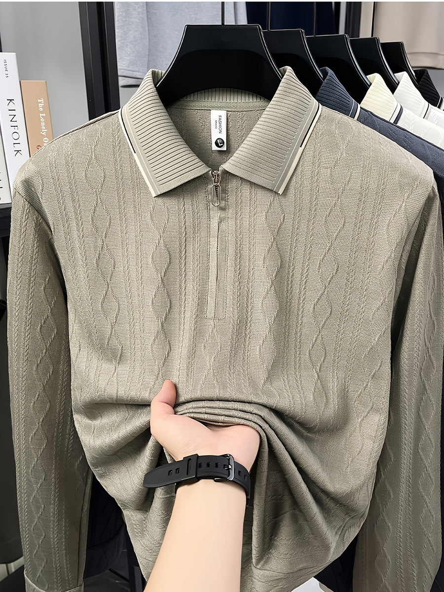 Men's Half-Zip Lapel Long-Sleeve Polo Shirt, Full-Rhombus Jacquard Texture, Contrast-Color Ribbed Collar, Simple Light-Luxury Top, for Business Receptions, Daily Commuting, Loose-Fit Men's Long-Sleeve T-Shirt - Khaki