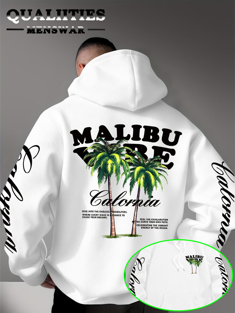 Men'S Casual Stylish Quality Hoodie Featuring The MALIBU VIBE Design with Two Palm Trees, Embodying The American California Beach Vibe Filled with Sunshine, Freedom, Knit - White