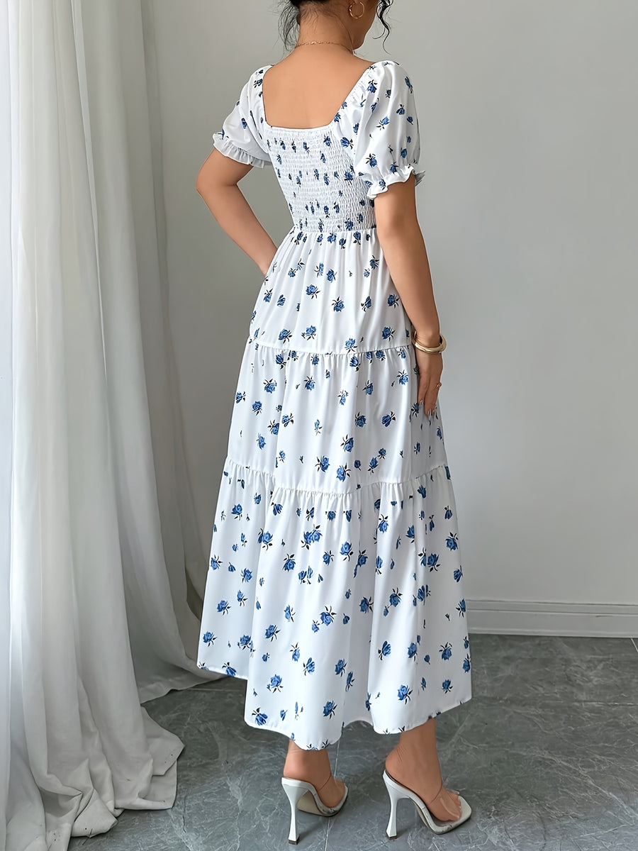 Elegant Square Neck Cinched Waist Floral Print Women's Midi Dress - Multicolor
