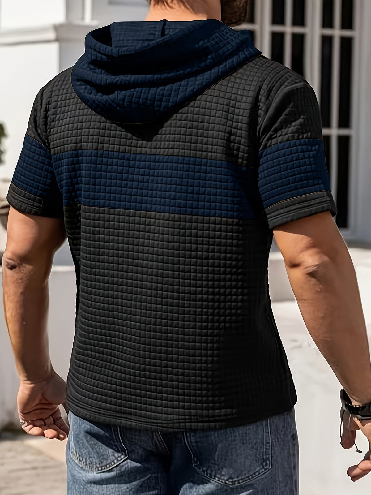 Men'S Summer Essential Hooded Short Sleeve T-Shirt, Casual Loose Fit, Breathable And Wrinkle-Resistant Fabric, Durable And Non-Deformable, Drawstring Hood Design, Arched Hem for Body Shaping, Statement Color Block for Trendy Appeal - Deep Blue