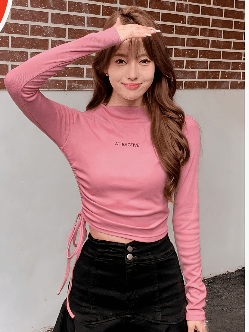 Brown Letter Drawstring Slim Fit Long Sleeve T-Shirt for Women - Pink