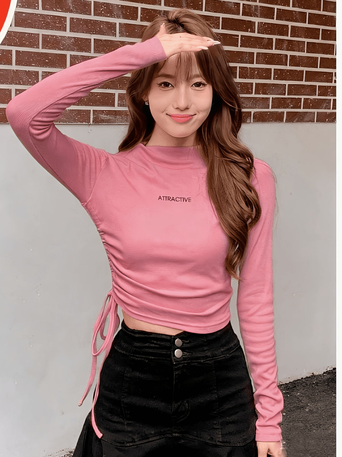 Brown Letter Drawstring Slim Fit Long Sleeve T-Shirt for Women - Pink