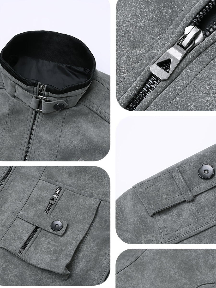 Spring Autumn Retro Distressed PU Jacket, Suitable for Biker, Outings, And Dates, Multi-Pocket Zipper Fashion Stand-Collar Versatile Coat - Grey