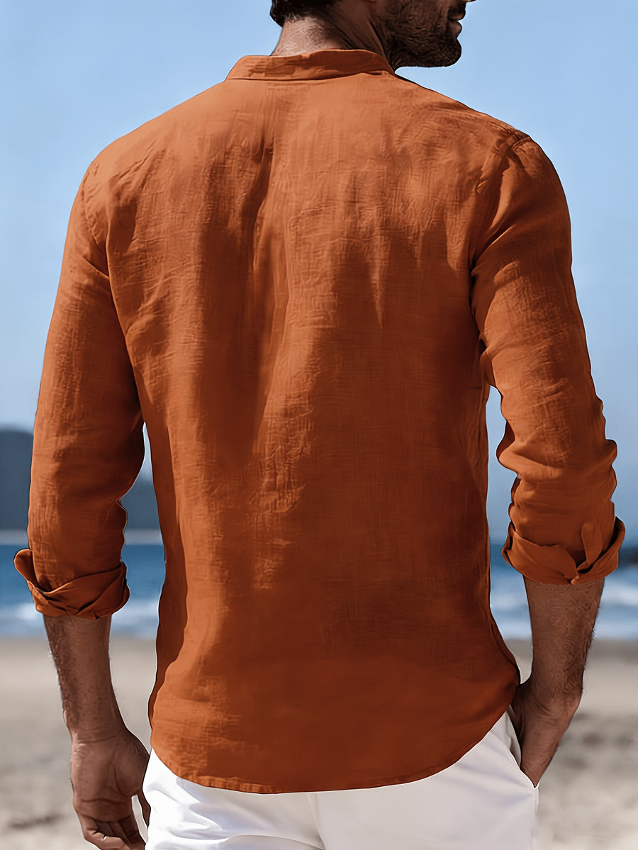 Men'S 100% Casual Collar Button-Up Shirt 3pcs Set, Skin-Friendly, Soft, Breathable Fabric, Island Vacation Style, All-Match Casual Wear, Comfortable Texture, Casual Style for Men, Multiple Colors Available, Great Gift for Boyfriend Or Husband - Orange+Khaki+Pink
