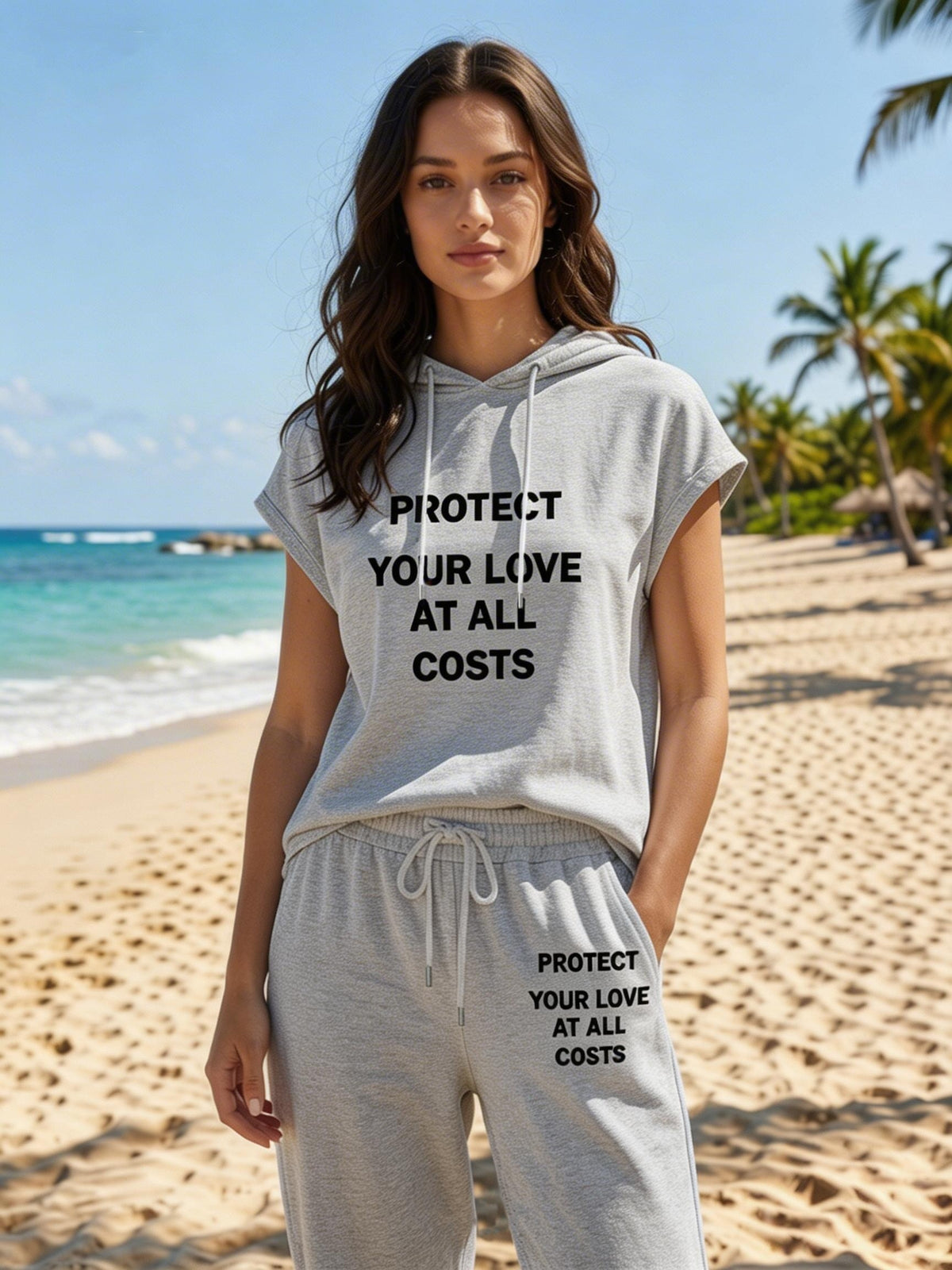 Women'S Two-Piece Drawstring Sleeveless Hooded Top And Summer Letter Print Pants, Elastic Waist Casual Pants, Pants Set - Grey